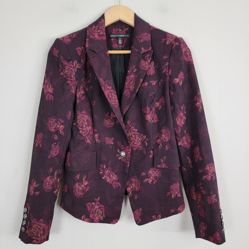 White House Black Market Blazer Jacket Women 2‎ Purple Floral Peasant Boho